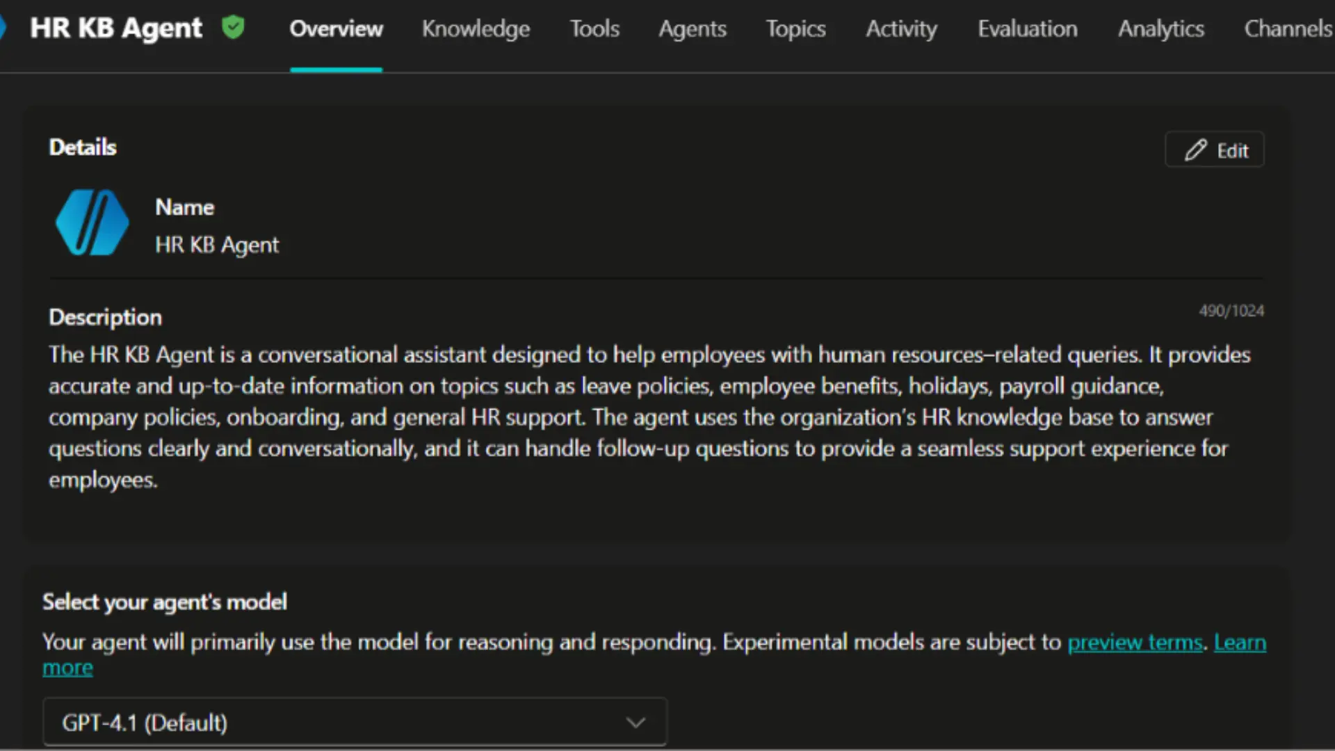 Configure AI Agent Name, Description, and Model in Copilot Studio